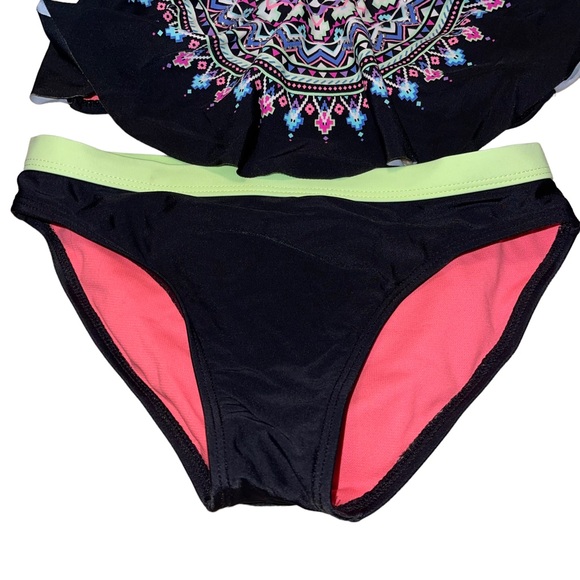 Angel Beach Girls 2 Pc Swimsuit Girls Size 10 Black Pink Green Aztec Print - Picture 2 of 5